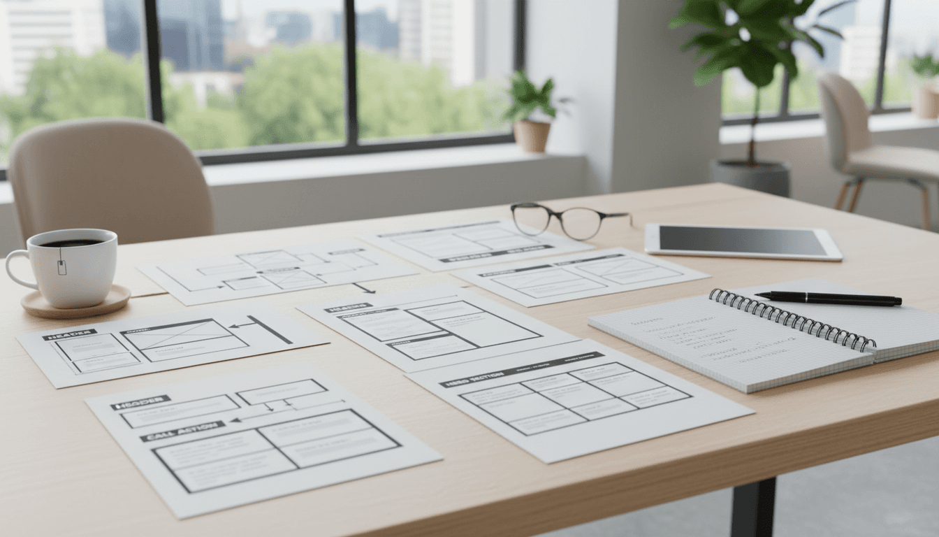 Website wireframes and design sketches on a desk