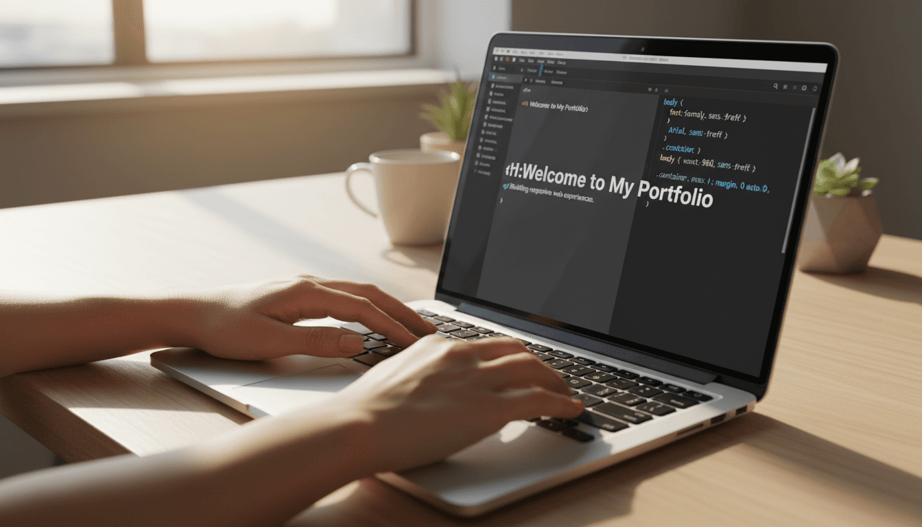 Designer typing code on a laptop in a bright workspace