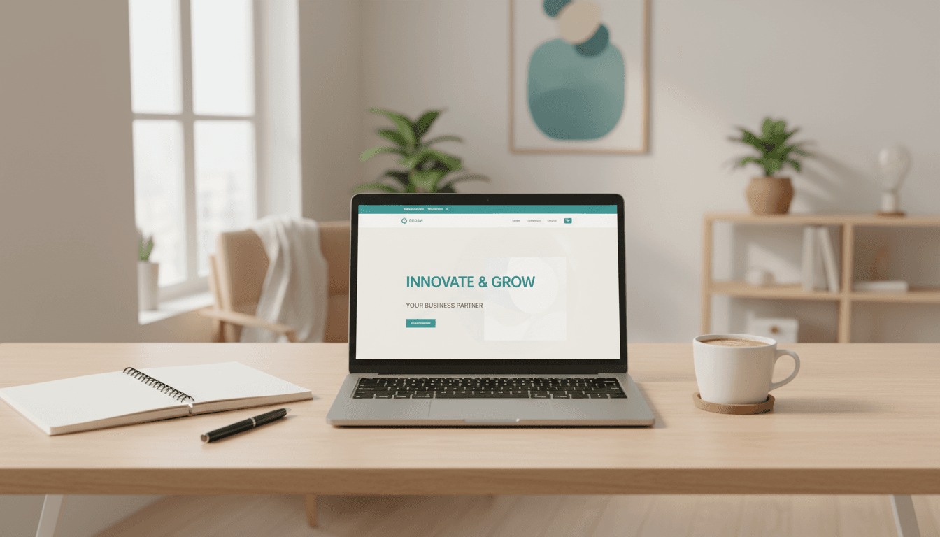 Modern laptop on a desk displaying a clean business website design in a bright home office