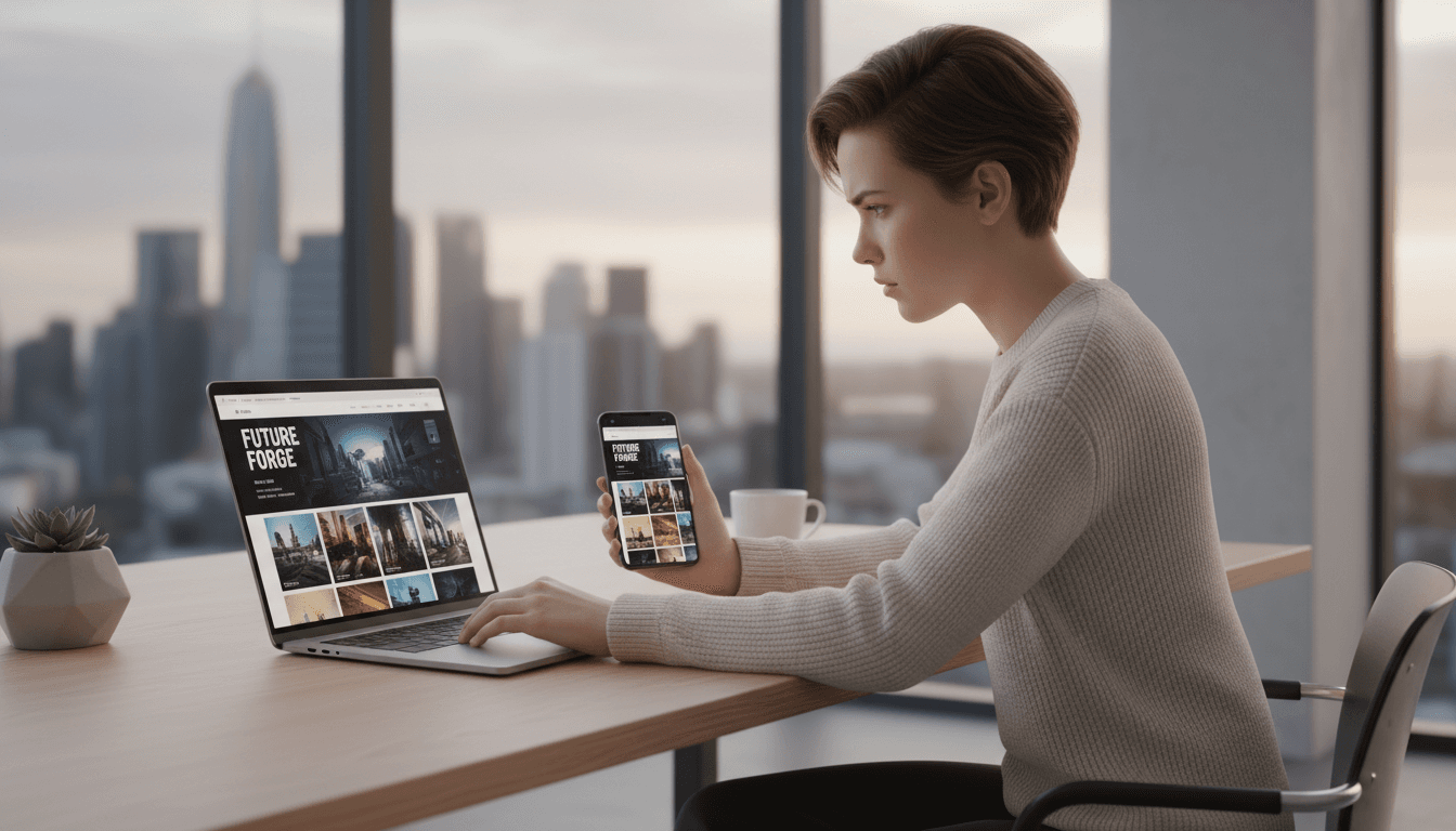 Designer checking a responsive website on laptop and phone